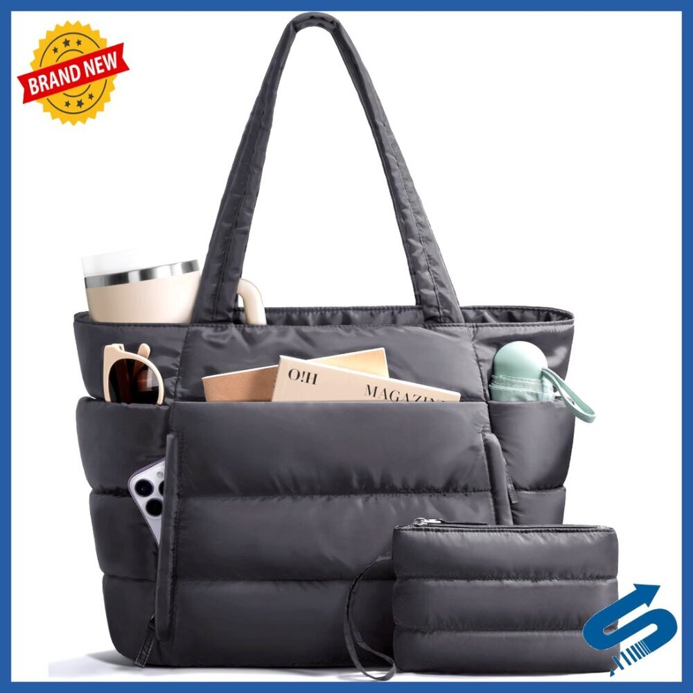 Puffer Tote Bag Lightweight Quilted Shoulder Bag with Laptop Sleeve and Cup